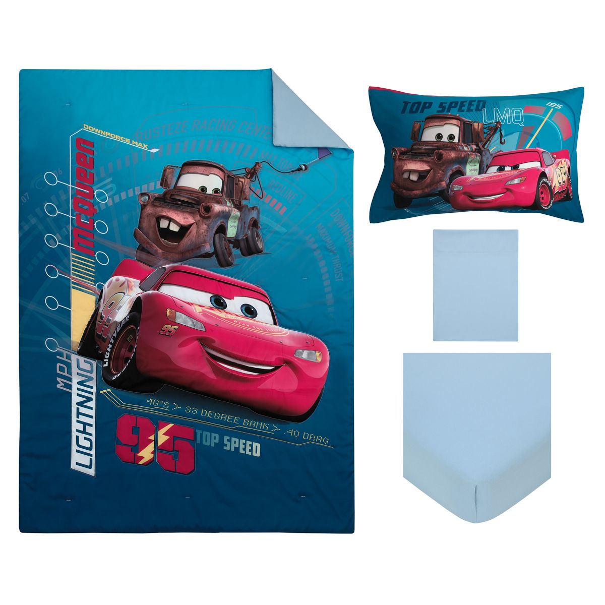 Disney Cars Piston Cup Circuit Blue, Red, and Yellow, Lightning McQueen and Mater 4 Piece Toddler Bed Set - thumbnail 8