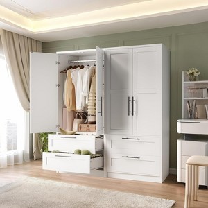 Wooden Armoire Wardrobe Closet with 2 Drawers, 70" Tall Clothing Cabinet with Hanging Rods, 2 Doors, Modern Bedroom Storage - 1 of 4