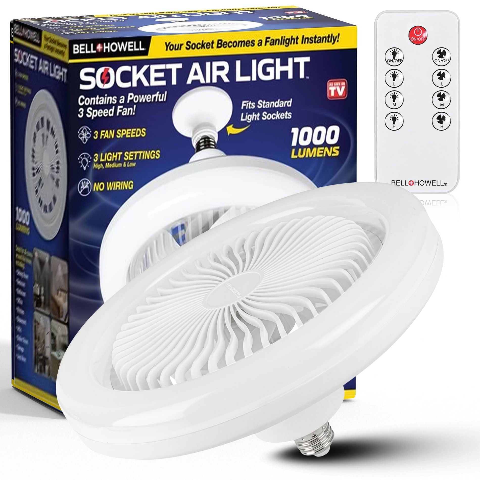 Bell + Howell Socket Air Wireless Ceiling Fan Light with Remote 3 Speeds, 3 Light Modes