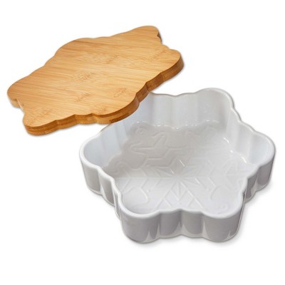 TAG Snowflake Baker with Lid and Trivet - White Ceramic Bakeware for Christmas - 10 x 10.9 x 3 inches - Hand Wash Only