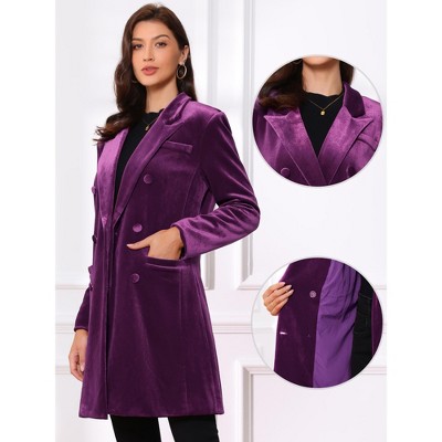 Женские куртки Allegra K Women's Velvet Lapel Double Breasted Long Outerwear Winter Coats Small Purple — фото 2