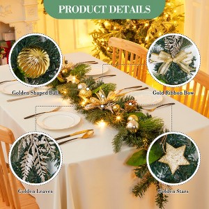 Christmas wreath with lights, 6 feet long, adorned with gold spherical ornaments, bows, and pine cones, suitable for indoor and outdoor decoration. - 1 of 4