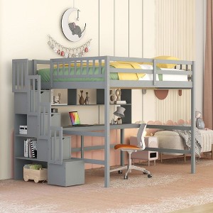 NicBex Full Size Loft Bed with Desk Pine Bed Frame with Shelves, Storage Stairs and Full Length Guardrail, No Box Spring Required - 1 of 4