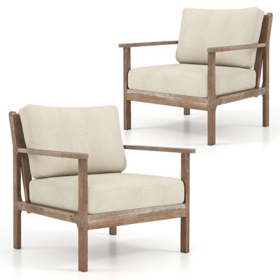 Tangkula Wooden Accent Chair 2 Set Armchair w/ Solid Wood Frame Removable Seat Cushion