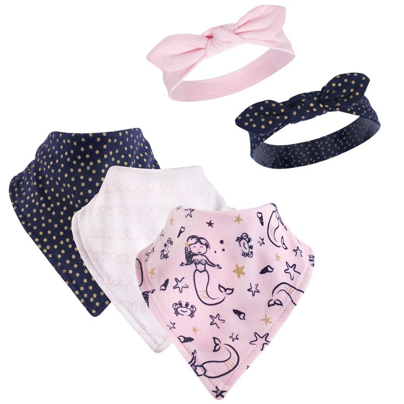 Hudson Baby Infant Girl Cotton Bib and Headband Set 5pk, Mermaid, One Size, 1 of 3