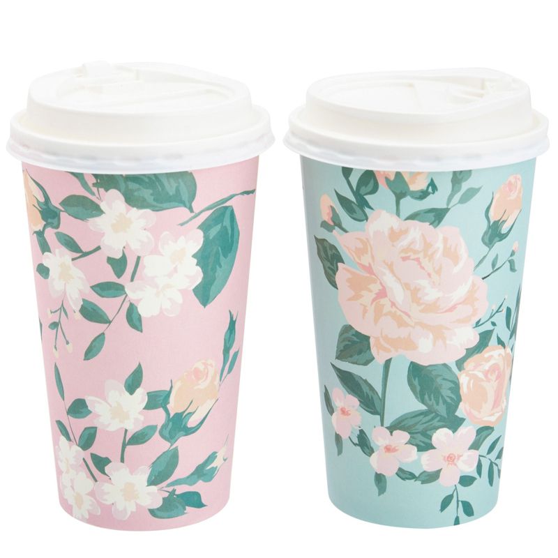 Blue Panda 48 Pack Disposable 16oz Coffee Cups with Lids, Floral Paper To Go Coffee Cups for Party, Wedding Shower, 4 Pastel Colors, 6 of 11