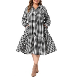 Women's Plus Size Gingham Collared Long Sleeve Button Down Plaid