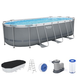Bestway Power Steel Oval Metal Frame Above Ground Outdoor Backyard Swimming Pool Set with Filter Pump, Ladder, and Pool Cover - 1 of 4