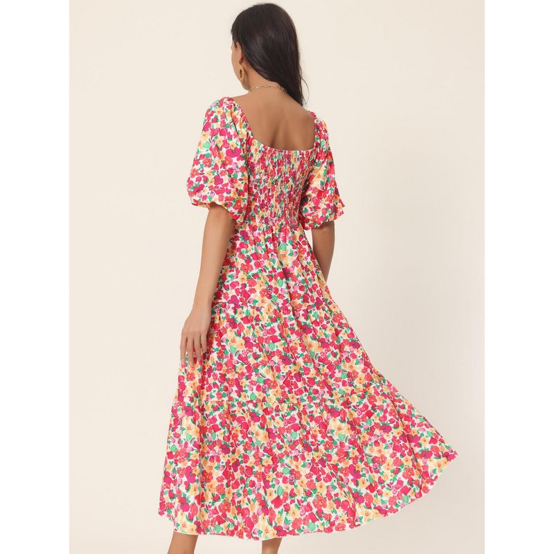 Seta T Women's Summer Casual Flowy Beach Square Neck Puff Short Sleeve Smocked Back Boho Floral Long Maxi Dress, 4 of 6