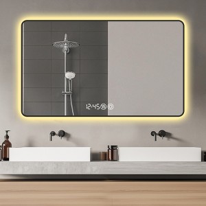 KWPZQEB Bathroom Mirror with LED & Black Frame , Bathroom Mirror w/ Anti-Fog, Temperature & Time Display, Rounded Corners Vanity Mirror - 1 of 4