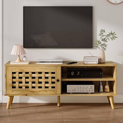 Heynemo TV Stand with Storage for 55 Inch TVs, Wood TV Entertainment Center, Mid Century Modern TV Entertainment Center with Storage, Bedroom Natural