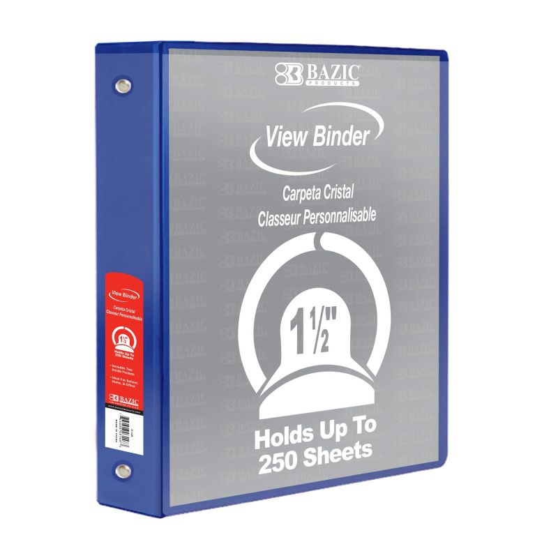 Bazic Products 3-Ring View Binder with 2 Pockets, 1.5", Blue, 1 of 2