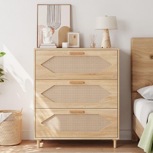 3 Drawer Dresser for Bedroom, 31.5 Wide Rattan Modern Closet Dressers Chest of Drawers, Wood Oak Storage Chest for Bedroom, Hallway, Living Room - 1 of 4