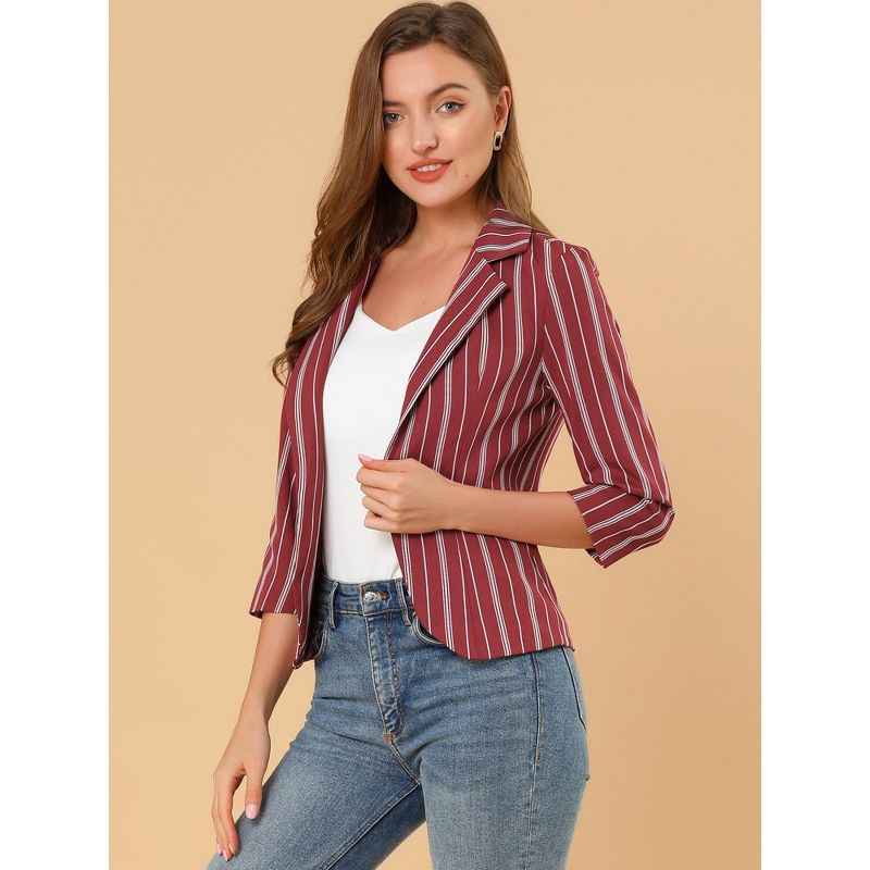 Allegra K Women's Striped 3/4 Sleeves Open Front Casual Notched Lapel Blazer, 5 of 7