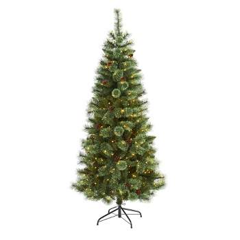 Nearly Natural Pre-Lit LED White Mountain Pine Artificial Christmas Tree with Pinecones Clear Lights