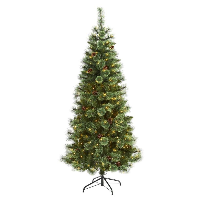 Nearly Natural Pre-Lit LED White Mountain Pine Artificial Christmas Tree with Pinecones Clear Lights, 1 of 9