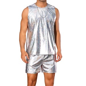 INSPIRE CHIC Men's Party Disco Metallic Holographic Tank Top and Shorts Set 2 Pieces Outfits - 1 of 4