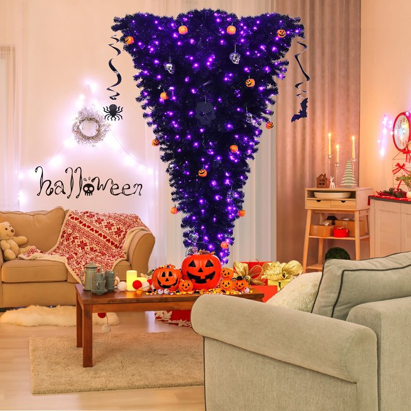 Costway 7ft Upside Down Christmas Halloween Tree Black w/400 Purple LED Lights, 2 of 11