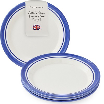 Portmeirion Potter's Stripe Dinner Plate, Set of 4, 10.5" Earthenware Stackable Plates with Striped Rim, Ideal Modern Dinnerware - Blue