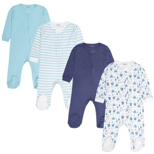 Everyday Kids 4-Pack Baby Boy Sleepers with Zippers – Soft Cotton Footed Pajamas in Blue Solids, Stripes, and Woodland Animals with Foxes and Bears - 1 of 4