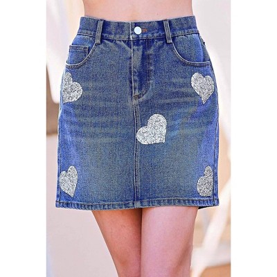 Women's Abbey Sequined Hearts Denim Mini Skirt - Mainstrip