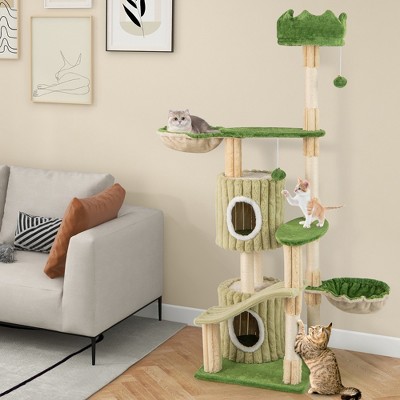 Green Multi-Level Cat Tree with Sisal Scratching Posts and Hammocks
