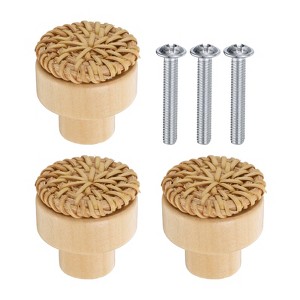 Unique Bargains Rattan Wood Handmade Round Dresser Cabinet Knobs with Screws - 1 of 4