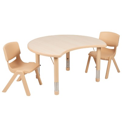 Flash Furniture 25.125"W x 35.5"L Crescent Natural Plastic Height Adjustable Activity Table Set with 2 Chairs