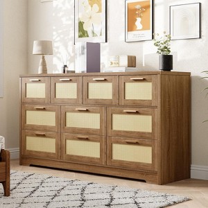 10 Drawer Rattan Dresser, 59" Boho Dresser with Gold Metal Handles - 1 of 4