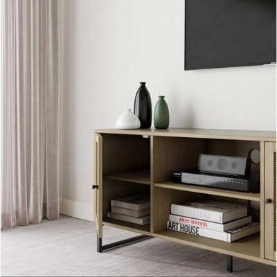 Mina Light Oak and Rattan TV Stand Set with Matte Black Accents
