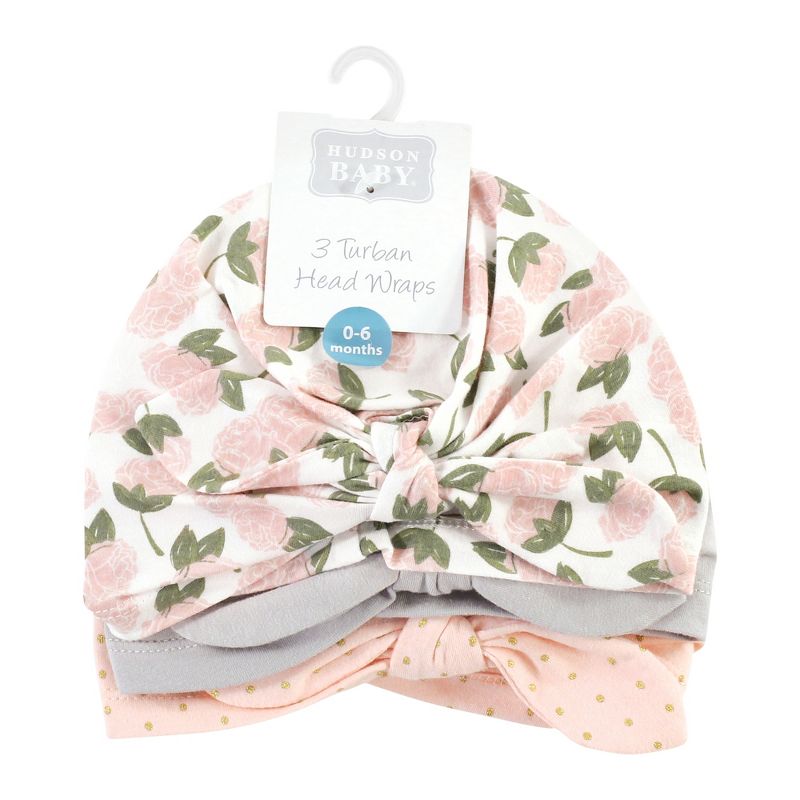 Hudson Baby Infant Girl Turban Cotton Headwraps, Pink Peony, One Size, 2 of 6