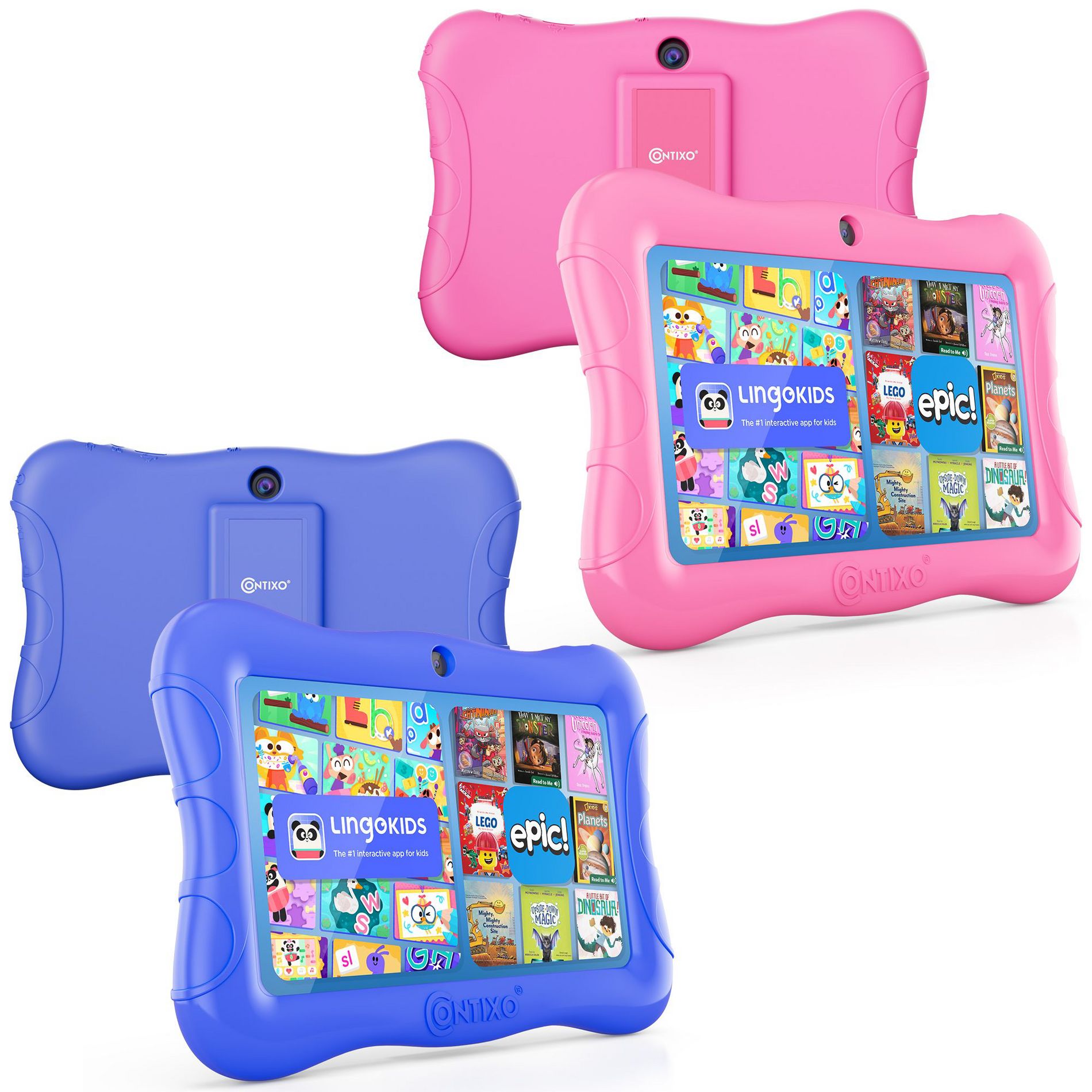 Contixo Kids Tablet 2-Pack, 7" HD Display, Android 13, 32GB, Learning Games, Educational Apps Toddlers Tablet For Age 3-9, Pink & Dark Blue
