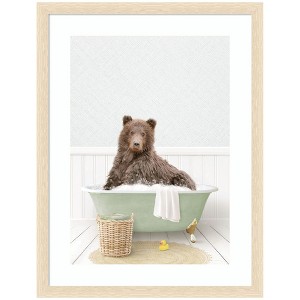 Kate and Laurel Bear in Cottage Green Bath by Amy Peterson Framed Wall Art Print, 20 x 26, Woodgrain Stripe Blonde - 1 of 4