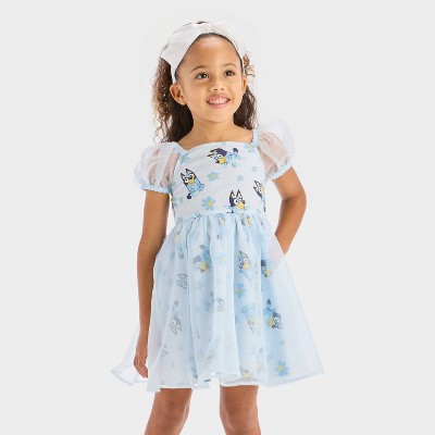 Toddler Girls' Bluey Floral Tulle Dress - Light Blue