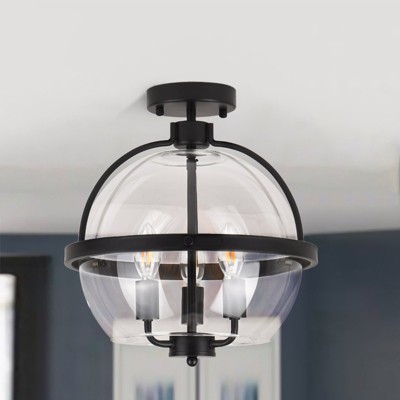 PAKOKULA Farmhouse 3-Light Matte Black Globe Semi-Flush Mount Ceiling Light with Clear Glass Shade