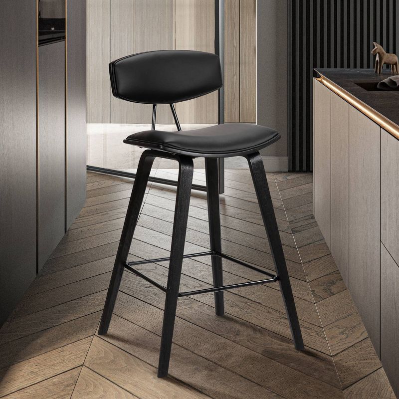 28.5" Fox Mid-Century Bar Height Barstool Faux Leather with Brushed Wood - Armen Living, 1 of 7