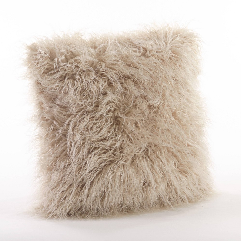 Photos - Pillow 18"x18" Poly Filled Faux Mongolian Fur Square Throw  Oatmeal - Saro Lifestyle: Decorative, Fuzzy, Zippered