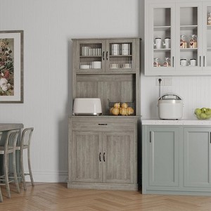 Tall Pantry Cabinet - Kitchen Storage Hutch Cabinets with Microwave Stand, Fluted Glass Doors, Drawer, Adjustable Shelves - Perfect for Dining Rooms - 1 of 4