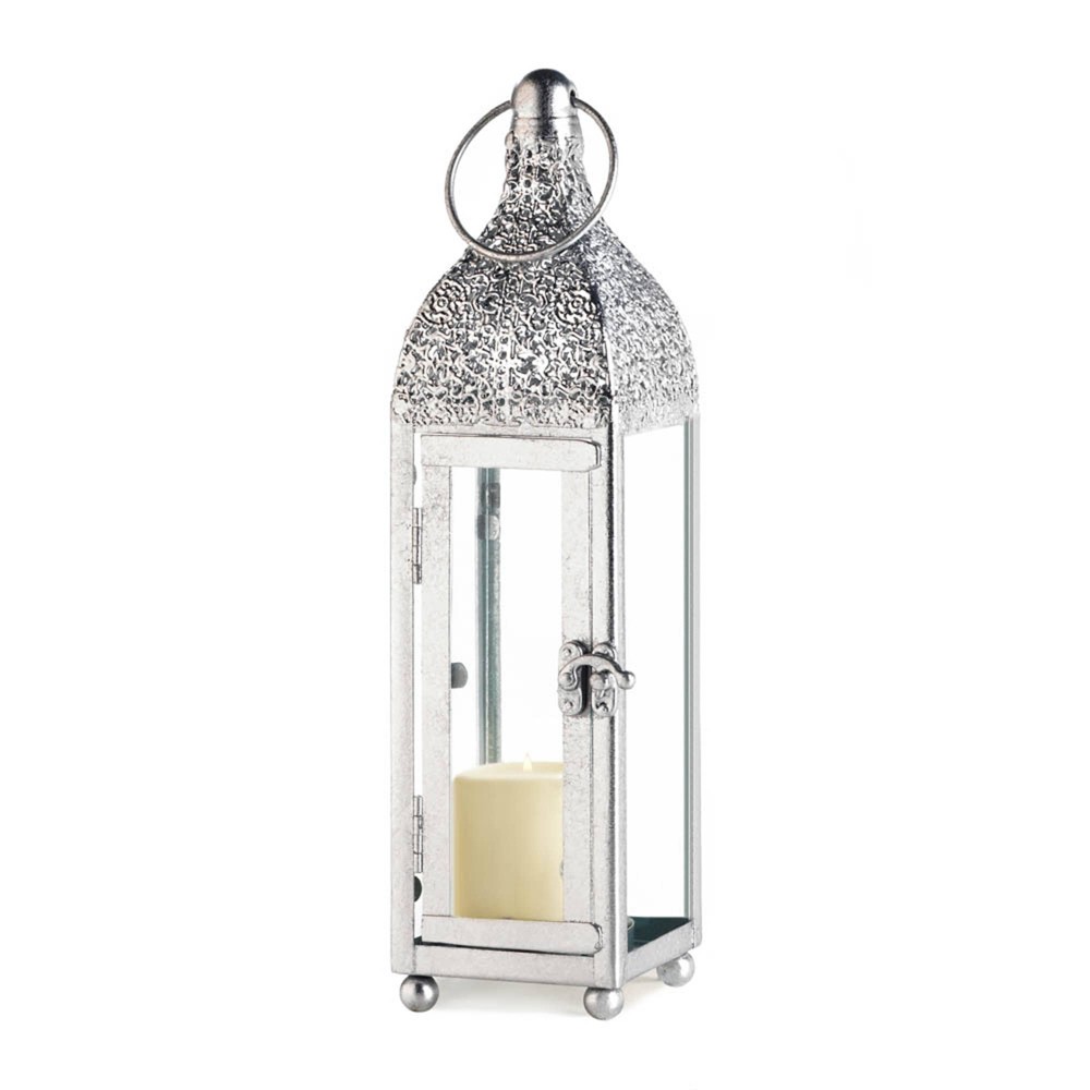 11.75" Metal Ornate Outdoor Lantern Silver - Zingz & Thingz: Candle Spike, Indoor/Outdoor Use, Baked-On Paint Finish