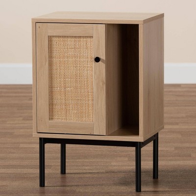 Light Brown and Black Woven Rattan Accent Cabinet with Adjustable Shelving