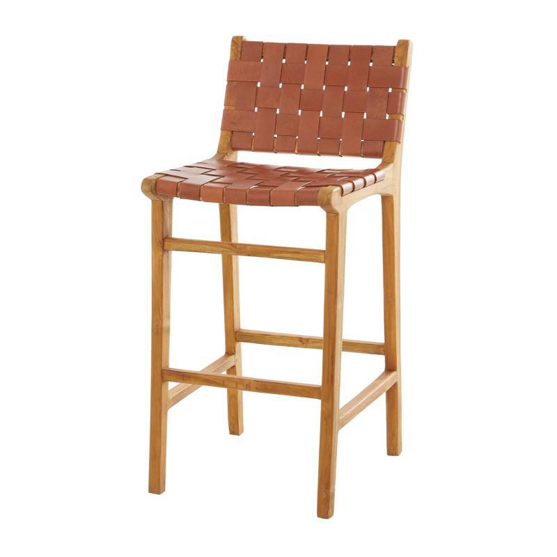 Contemporary Modern Teak Woven Leather Barstool Brown - Olivia &#38; May, 1 of 7