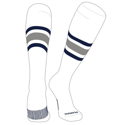 PEAR SOX Striped OTC Baseball, Softball, Football Socks (B) White, Navy, Silver (XL)