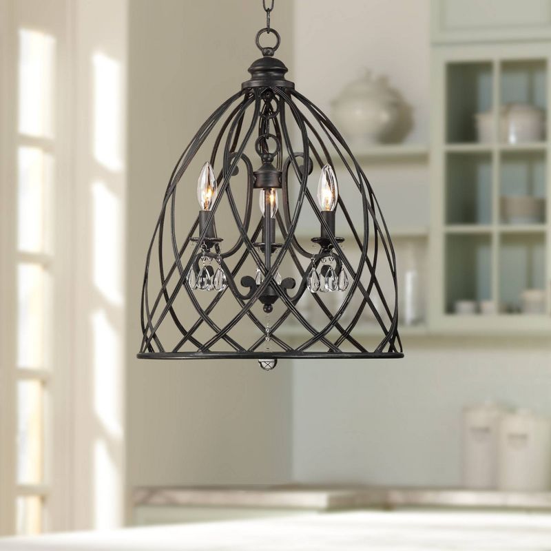 Franklin Iron Works Black Pendant Chandelier Lighting 16" Wide Industrial Rustic Bell Cage 3-Light Fixture for Dining Room House Foyer Kitchen Island, 2 of 8