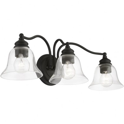 Moreland Transitional 3-Light Vanity Sconce in Black with Hand Blown Glass