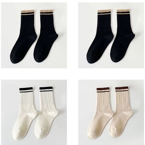 Anna-Kaci Women's 4-Pack Ribbed Crew Socks with Double Stripe Cuff Soft Stretch Fit in Neutral Tones - 1 of 4