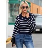 Women Striped/Soild Polo V Neck Sweater Long Puff Batwing Sleeve Knitwear Pullover Sweater Jumper Tops - 2 of 4