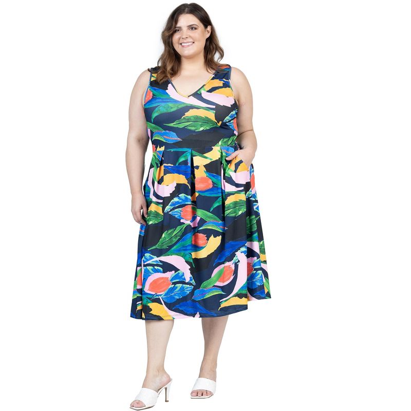 24seven Comfort Apparel Plus Size Midi Length Multicolor Sleeveless Pleated Pocket Dress, 2 of 7