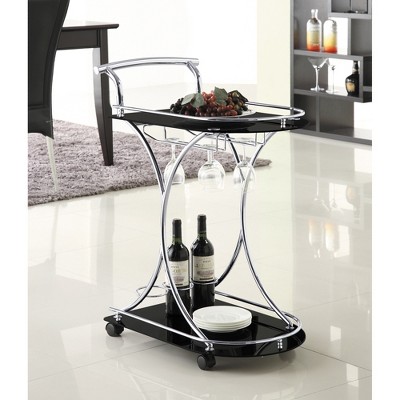 Vynxaria Allen Black and Chrome 2-Tier Glass Shelf Metal Bar Cart ¨C Modern Elegance