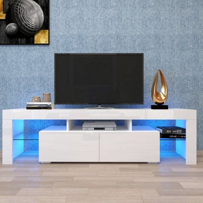 Chic Crate - Modern White TV Stand, 20 Colors LED TV Stand w/Remote Control Lights