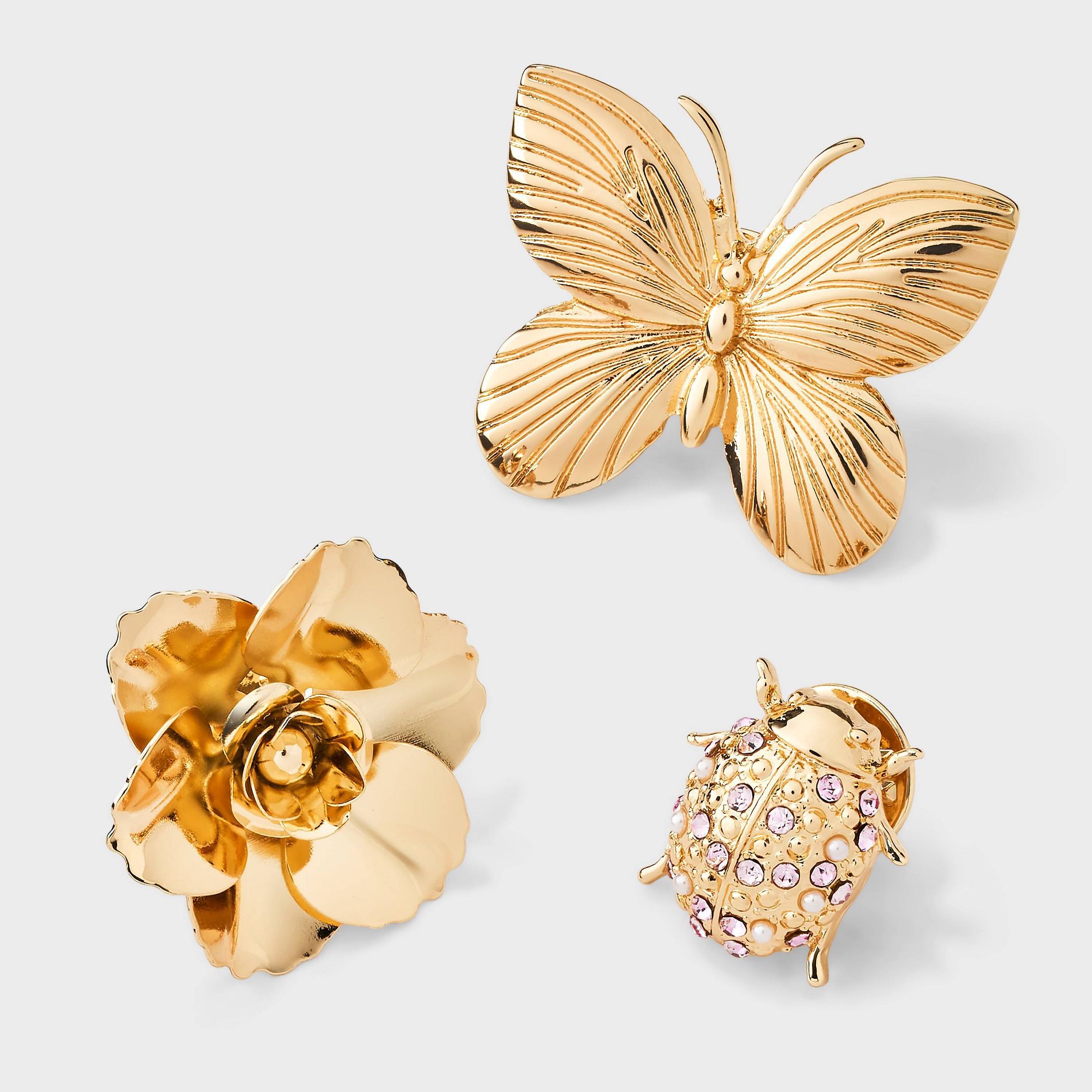 Butterfly & Flower Brooch Pin Set 3pc - A New Day™ Gold